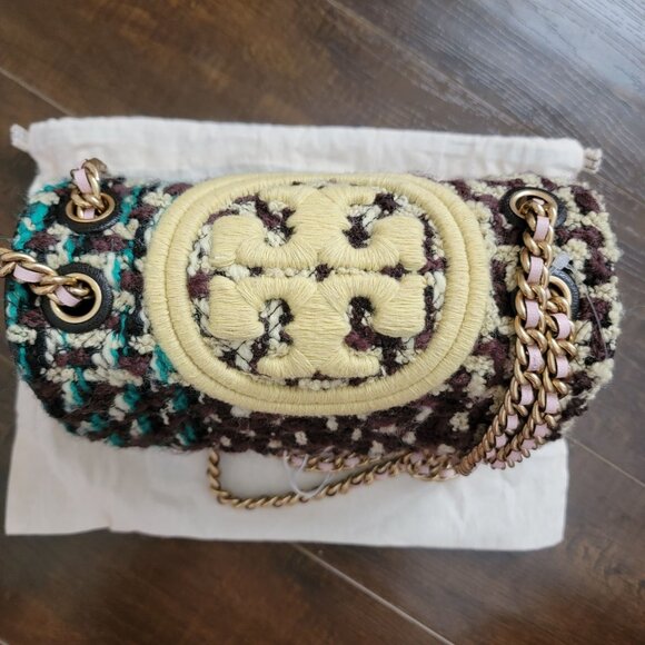 Tory Burch Fleming Tweed Convertible Shoulder Bag Brown Butter Yellow Designer - Picture 4 of 14